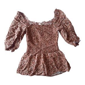 Max Studio Pink and Orange Puff Sleeve Peplum Blouse